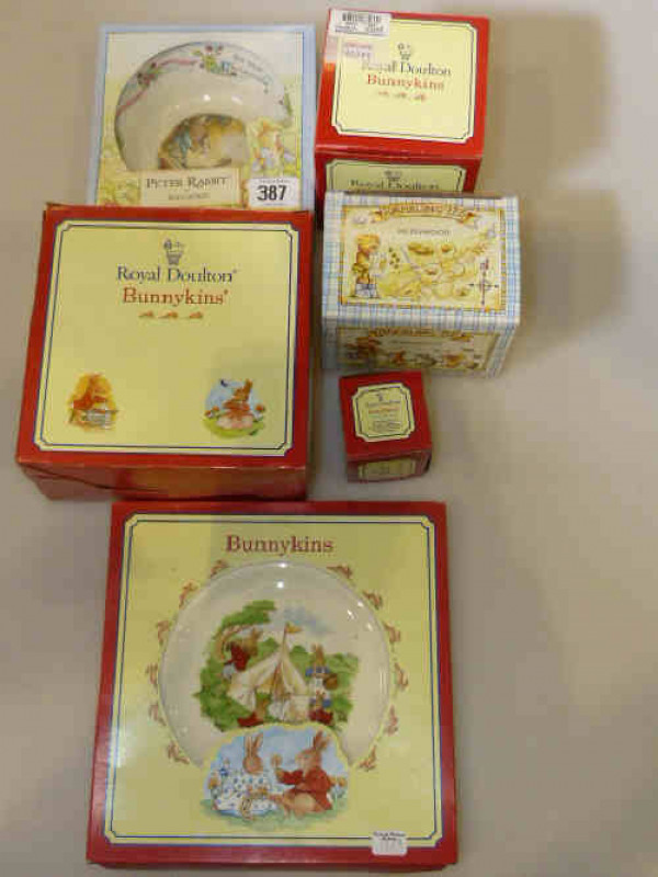 Boxed Royal Doulton and Wedgwood children's china including Bunnykins and Peter Rabbit