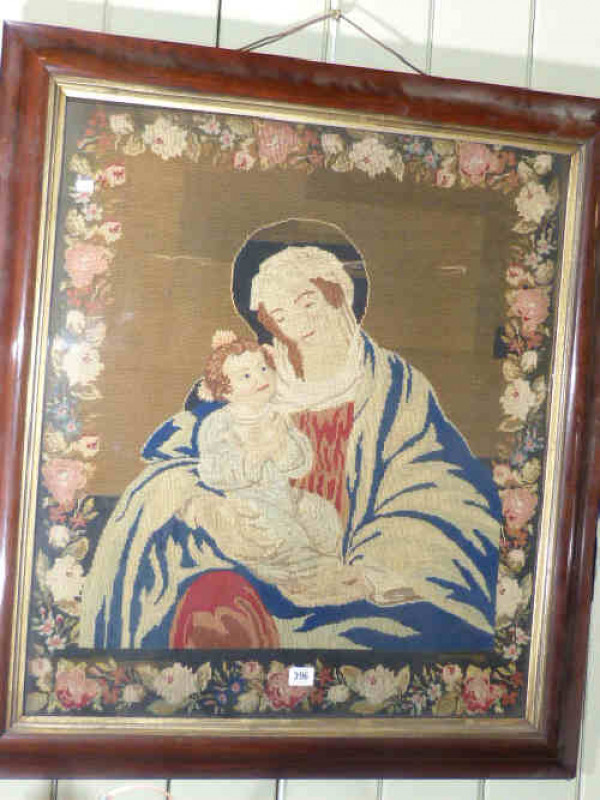 Victorian rosewood framed woolwork of mother and child
