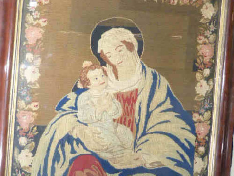 Victorian rosewood framed woolwork of mother and child