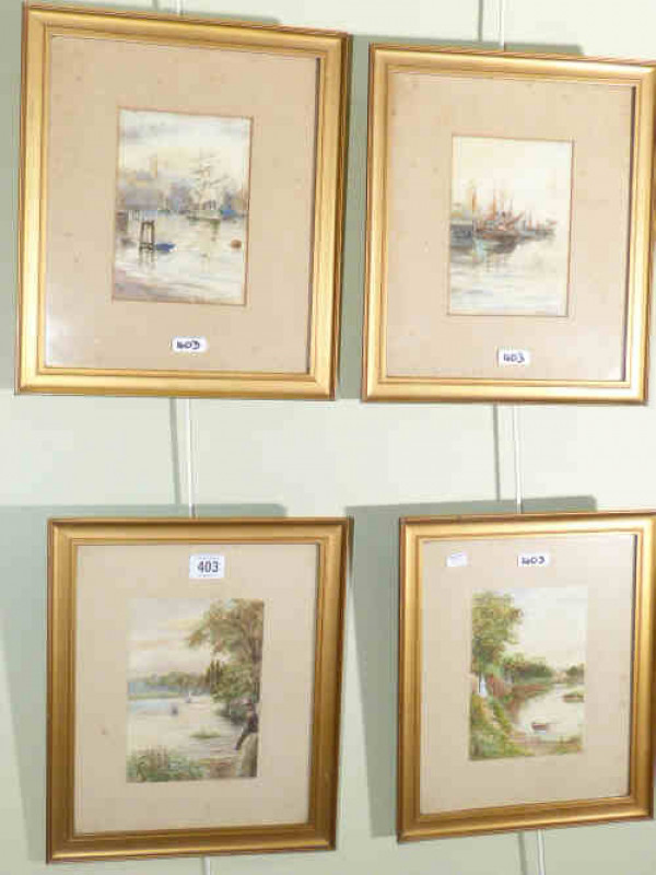 Joseph Jobling, Harbour Scenes and River Scenes, four watercolours, signed, in gilt frames, 17cm x 12cm approximately