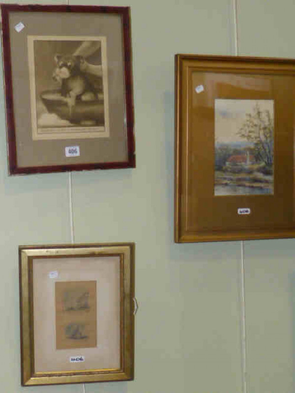 Gilt framed watercolour of a cottage, framed humorous dog print and framed pencil sketch (3)