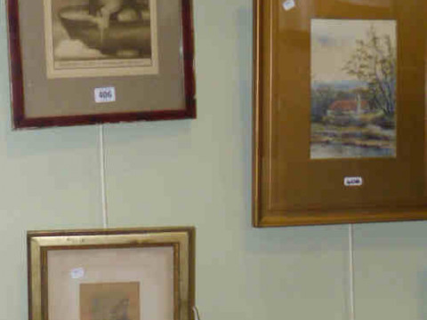 Gilt framed watercolour of a cottage, framed humorous dog print and framed...