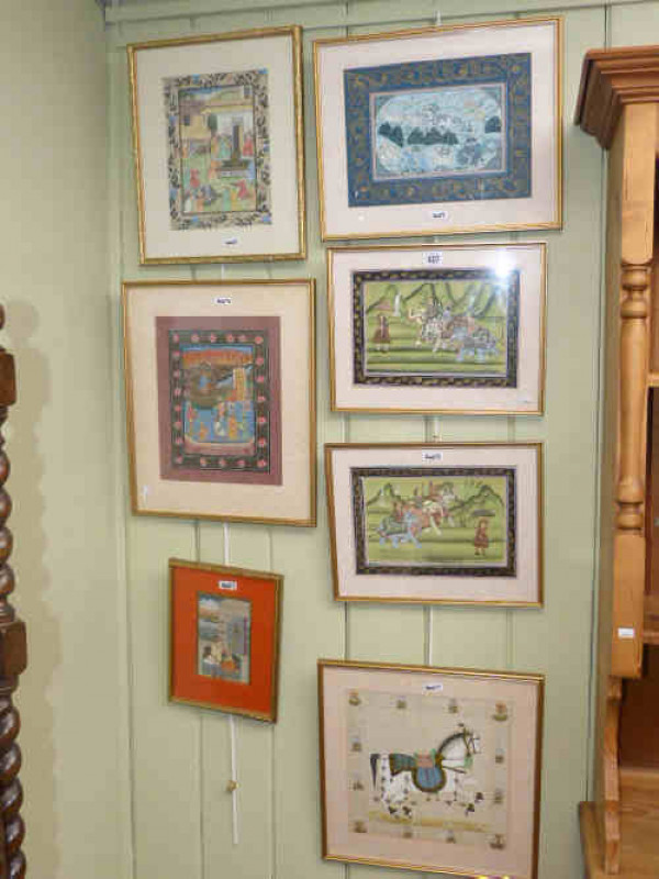Collection of seven various framed Indian paintings on silk