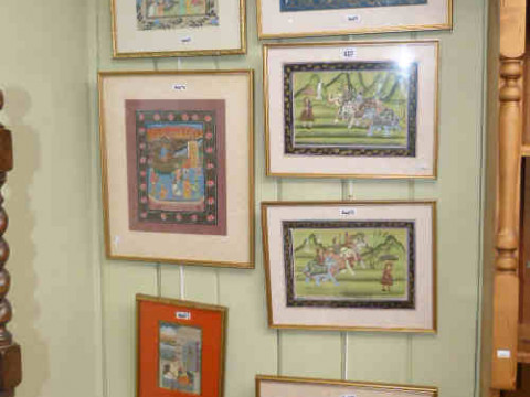 Collection of seven various framed Indian paintings on silk