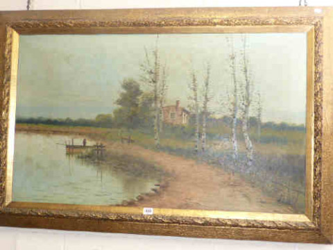 Large gilt framed oil on canvas of a cottage by a pond and a gilt frame...
