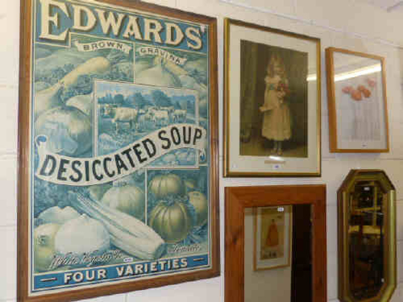 Large framed advert print, coloured print 'A Christmas Greeting', floral print and three framed wall mirrors (6)