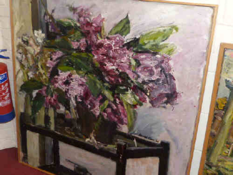 David Carr 66, Flowering plant on a table, oil on canvas, 122cm x 122cm, framed