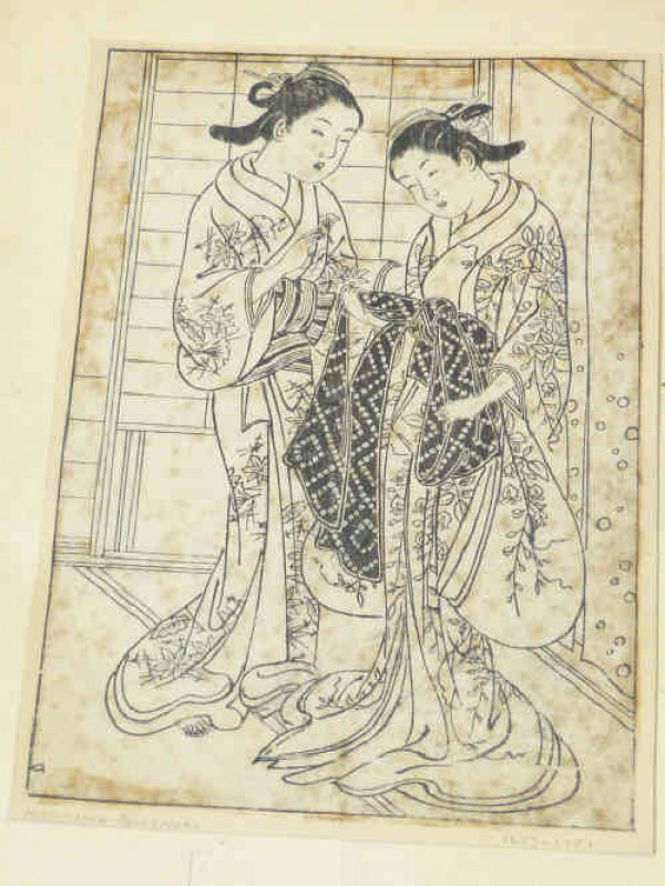 Nishikawa Sukenobu, 18th Century wood block print of two Geisha girls, unframed