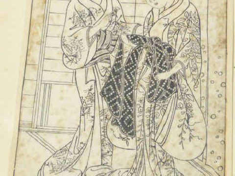 Nishikawa Sukenobu, 18th Century wood block print of two Geisha girls,...