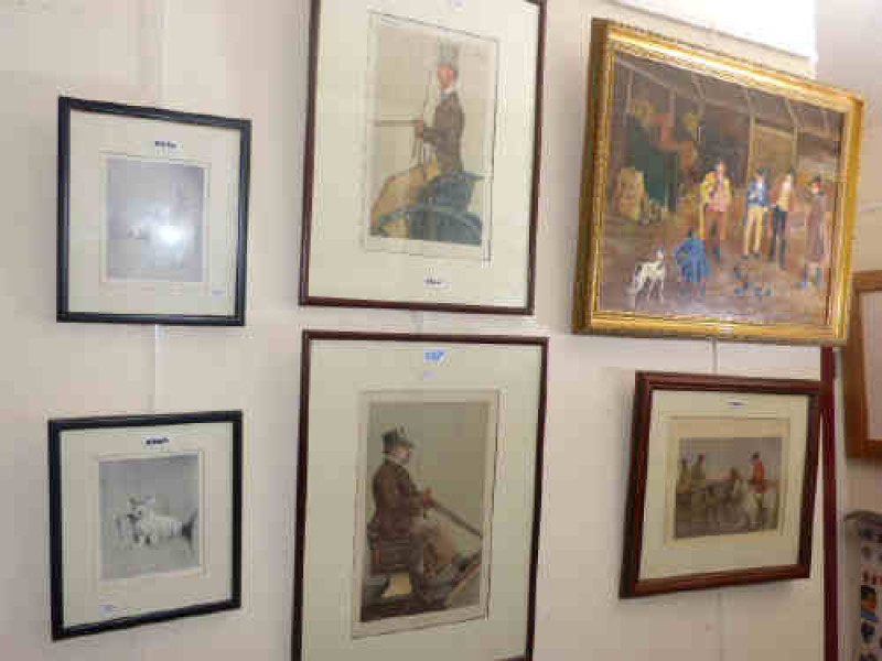Gilt framed oil 'cockfighting', pair of spy prints, pair of terrier prints and coloured hunting print (6)