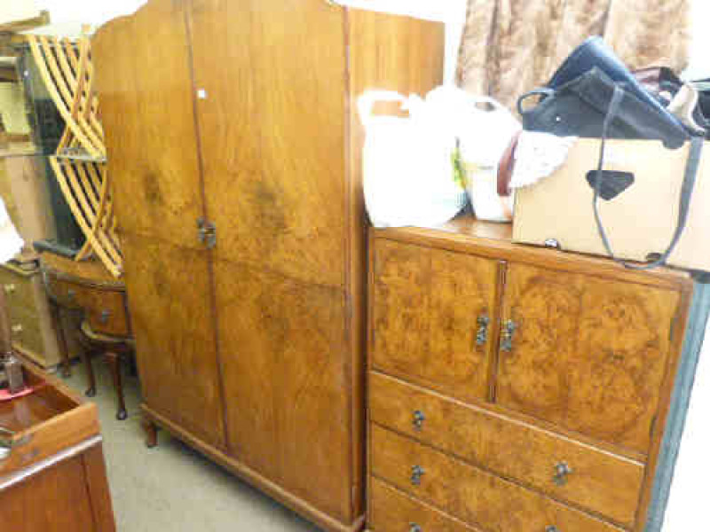 Three piece figured walnut cabriole leg bedroom suite, headboard and stool