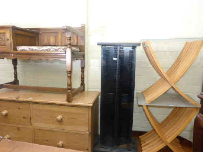 Carved oak telephone seat, CD cabinet and pair contemporary folding glass topped side tables (4)