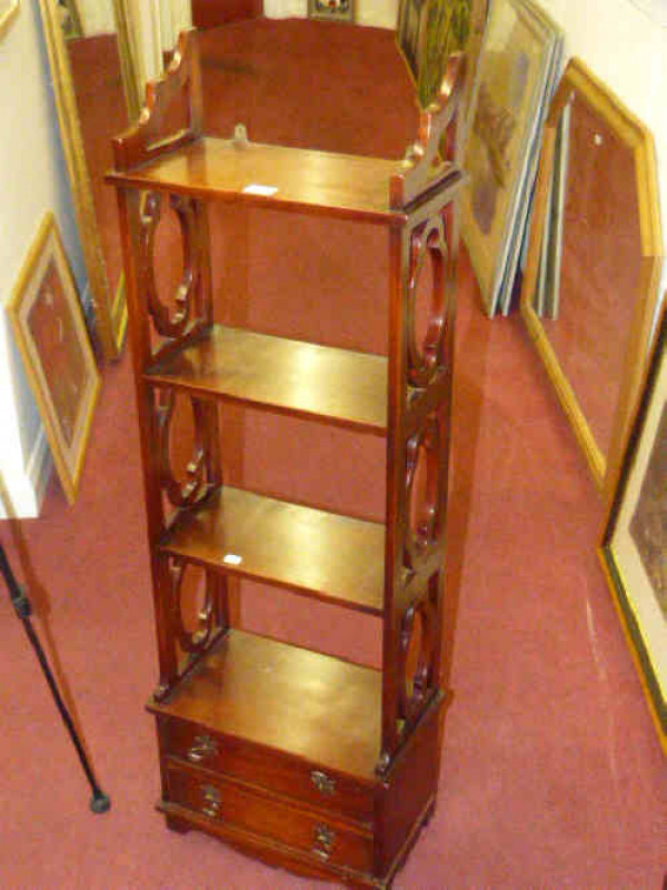 Neat mahogany two drawer open bookcase