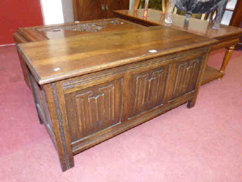 Oak linen fold panel blanket box