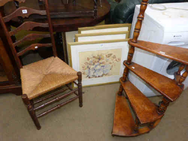 Oak rush seated side chair, library steps and seven pictures