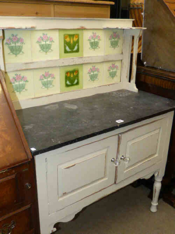 Marble topped and tiled back painted two door washstand