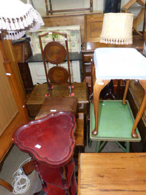 Mahogany drop leaf coffee table, mahogany corner wall cupboard, drop leaf trolley, cakestand, standard lamp, sewing box, two stools, five occasional tables and two lamps (15)
