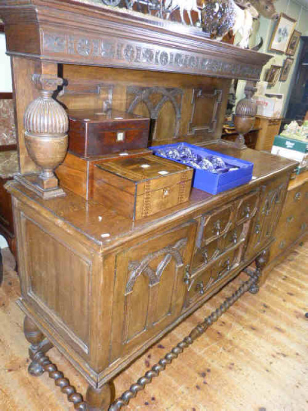 1920's carved oak Jacobean style sideboard with raised back