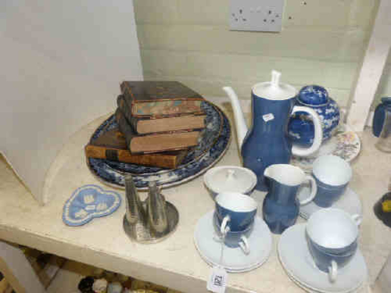 German coffee set, condiments set, tub meat plates, ginger jar, plates, four leather bound books, etc