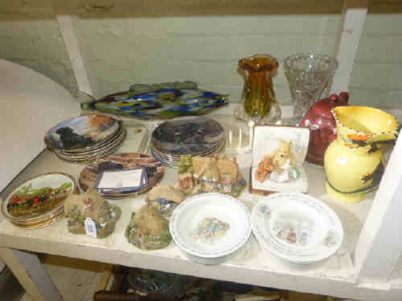 Glass fish, vases, collectors plates, two Wedgwood Beatrix Potter bowls and plate, Lilliput Lane cottages, etc