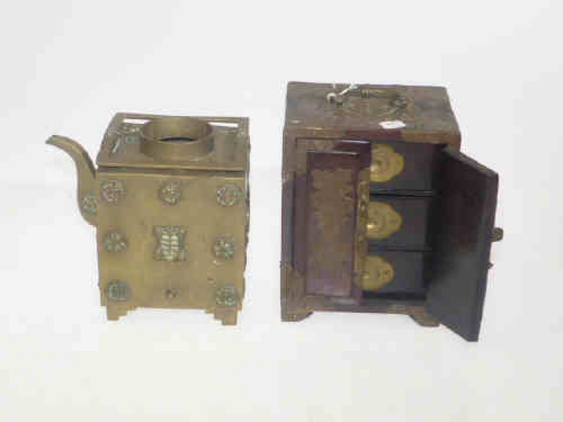 Chinese brass square teapot and mahogany and brass bound cabinet