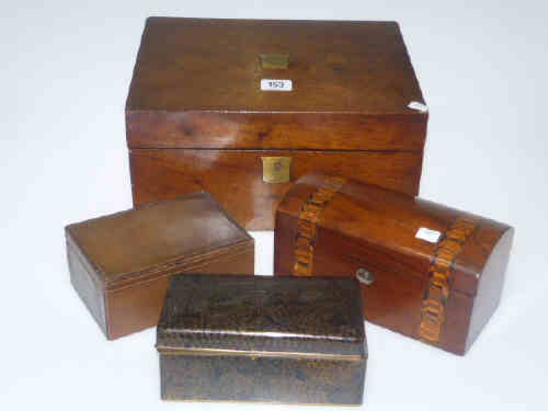 Victorian mahogany writing box, inlaid mahogany dome top tea caddy, cloisonne and leather cigarette boxes (4)