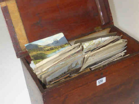 Collection of postcards, photograph album and ephemera in stained wood...