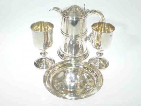 Silver plated communion set comprising tankard, two goblets and plate
