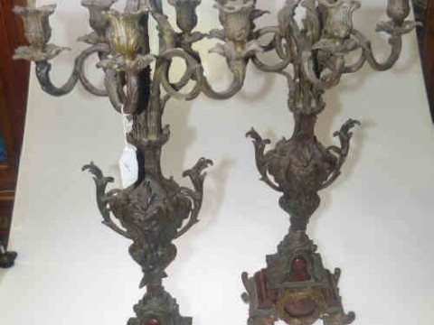 Large pair of ornate cast metal five branch candelabra with marble and...