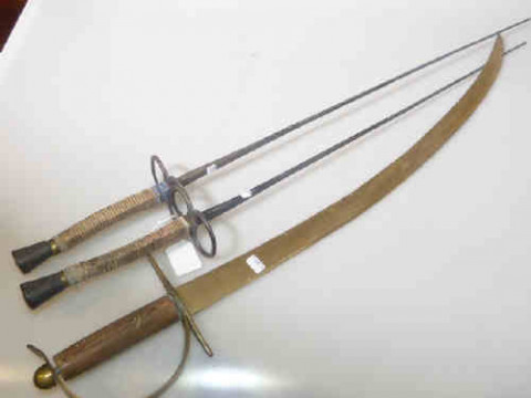 Sword and two fencing foils