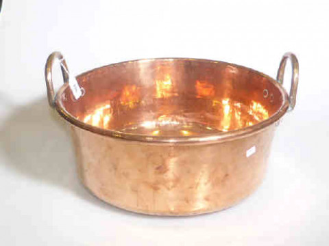 Large highly polished copper two handled jam pan