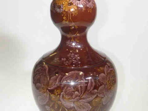 Large Wedgwood brown glazed double gourd vase, decorated with flowers,...