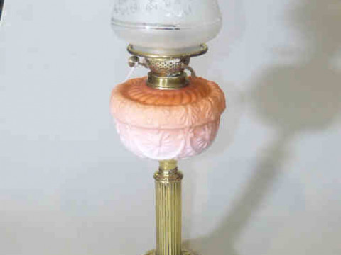Brass column oil lamp with moulded frosted reservoir and shade