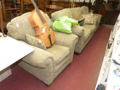 Three piece lounge suite in light green fabric