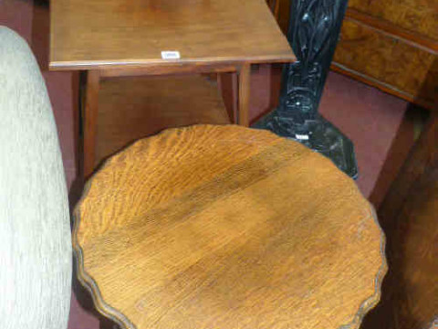 Mahogany and oak occasional tables and ebonised sewing chair