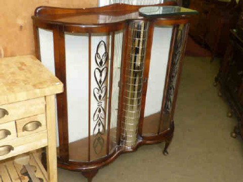 1930's walnut double bow front china cabinet