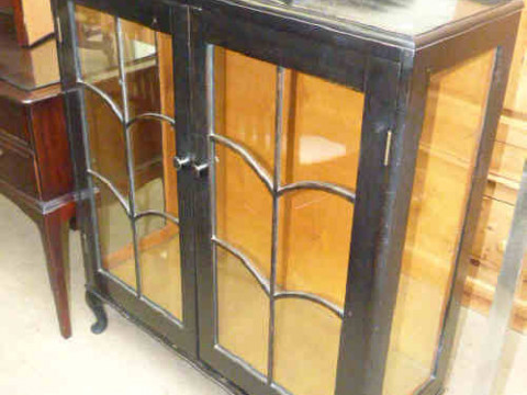 Ebonised double glazed door display cabinet on cabriole legs
