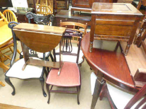 Pair of ebonised chairs, side chair, armchair, drop leaf coffee table...