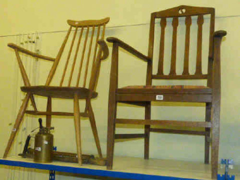 Ercol and oak armchairs, blow torch and garden syringes