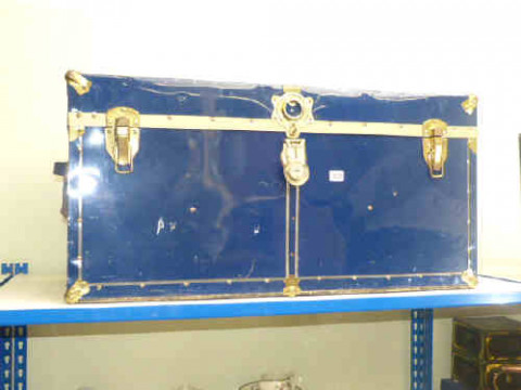 Brass bound blue finish tin trunk
