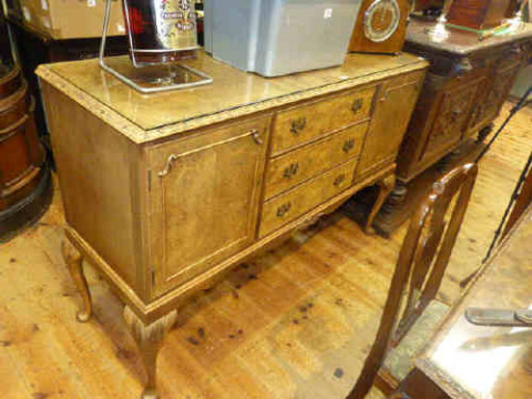Burr walnut six piece dining room suite comprising sideboard, table and...