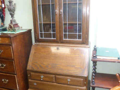 1930's oak leaded glass door bureau bookcase