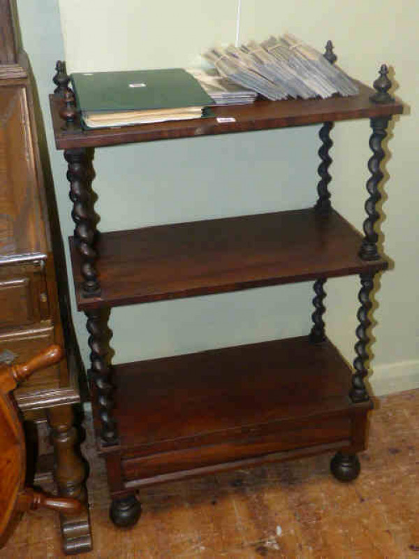 Edwardian mahogany three tier whatnot with barley twist supports