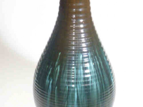Dresser Linthorpe ribbed tall vase, brown to blue glaze, 48cm high
