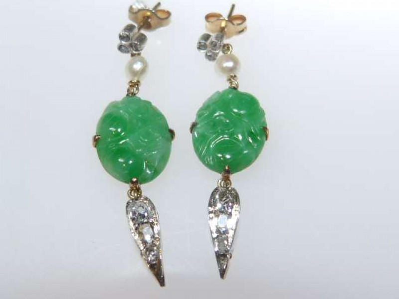 Pair of jade and diamond earrings, set with pearls, with certificate, dated 10/9/13