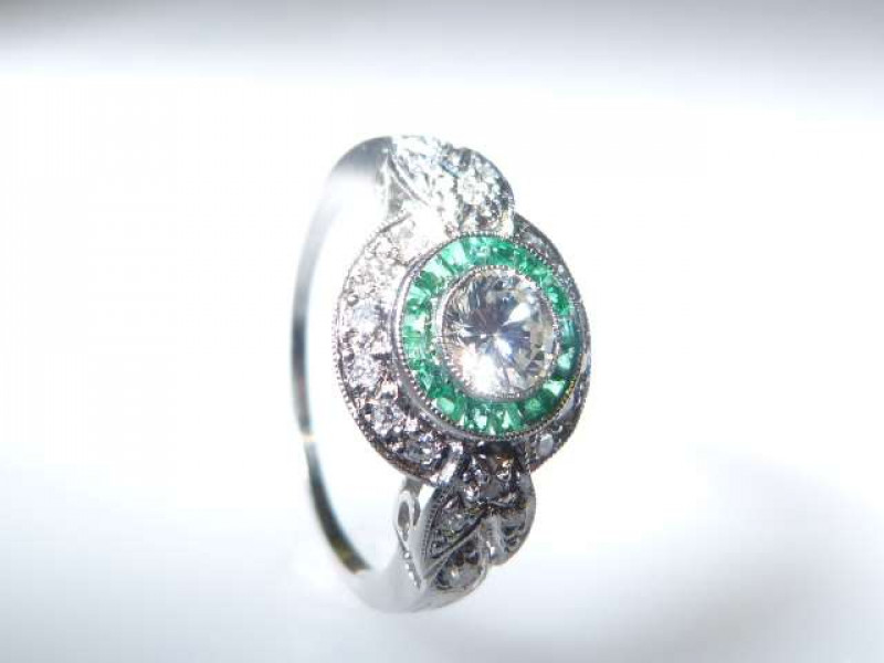 Art Deco style emerald and diamond cluster ring, size N