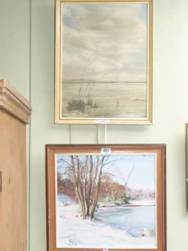 P. Johnson, Morecambe Bay, oil on board, framed and P. Ross, Winter Scene, oil on board, framed