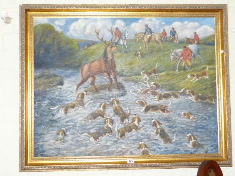 George Anderson Short, Stag Hunting, signed and dated 45, oil on canvas laid on board, 90cm x 68cm, in gilt frame
