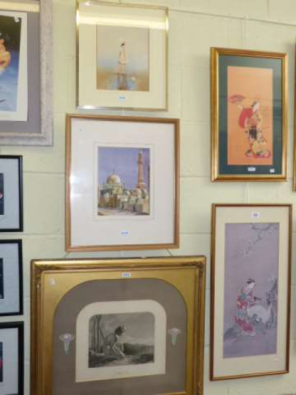 Two Oriental pictures, Turkish Mosque watercolour, gilt framed pen and ink The Hindu Maiden and a picture of a girl (5)