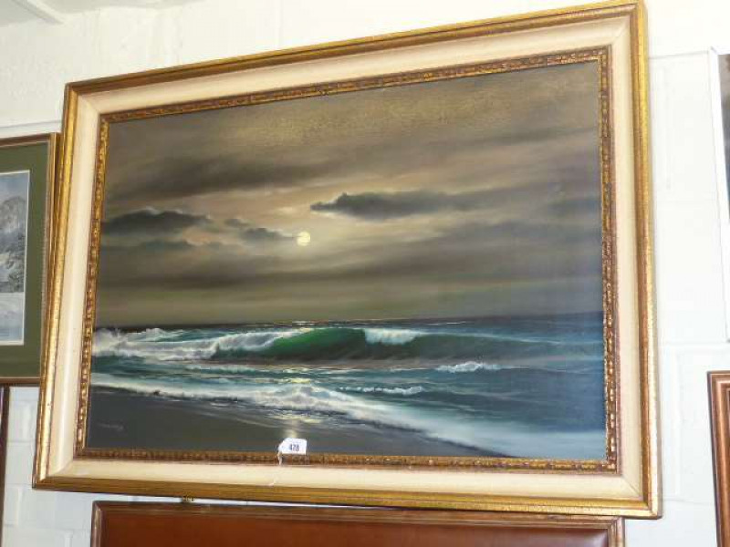 A. Beardsley, Moonlit Seascape, oil on canvas, 89.5cm x 60cm in cream and gilt framed